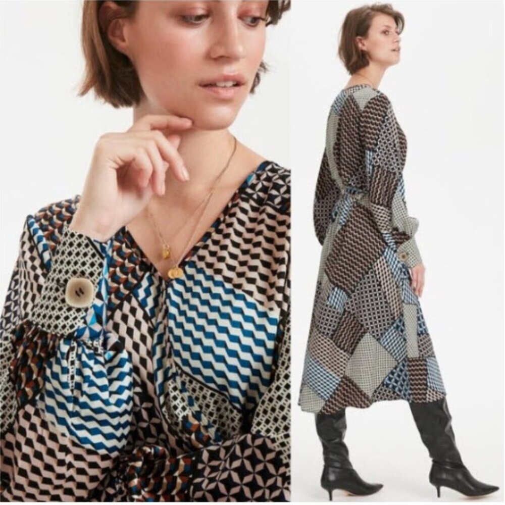 Kaffe Geometric Pattern Maxi Dress Blue Black Brown Long Sleeve size 6